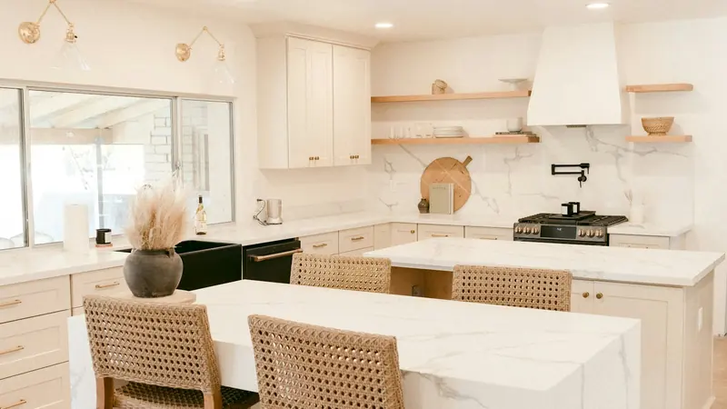 A completed kitchen interior in a newly built home