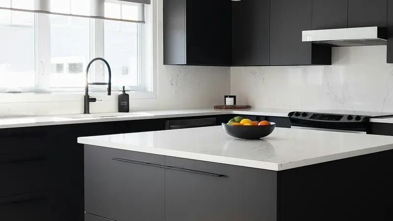 A remodelled kitchen with dark cabinetry, an island and pendant lights